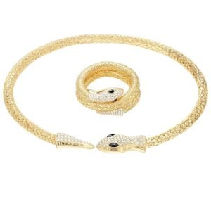 Luxury Gold Snake Necklace and Bracelet Set with Rhinestone Detailing