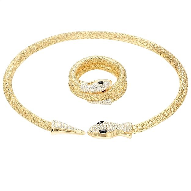 Luxury Gold Snake Necklace and Bracelet Set with Rhinestone Detailing