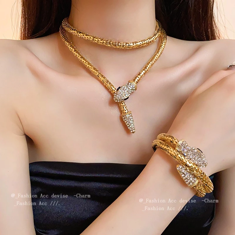 Luxury Gold Snake Necklace and Bracelet Set with Rhinestone Detailing - Image 4