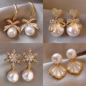 Elegant Pearl & Crystal Drop Earrings Set