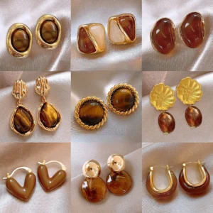 Brown & Gold Resin Elegance Earring Set – 9 Stylish Designs