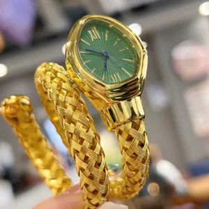 Golden Serpentine Snake Women’s Luxury Watch – Emerald Green Dial